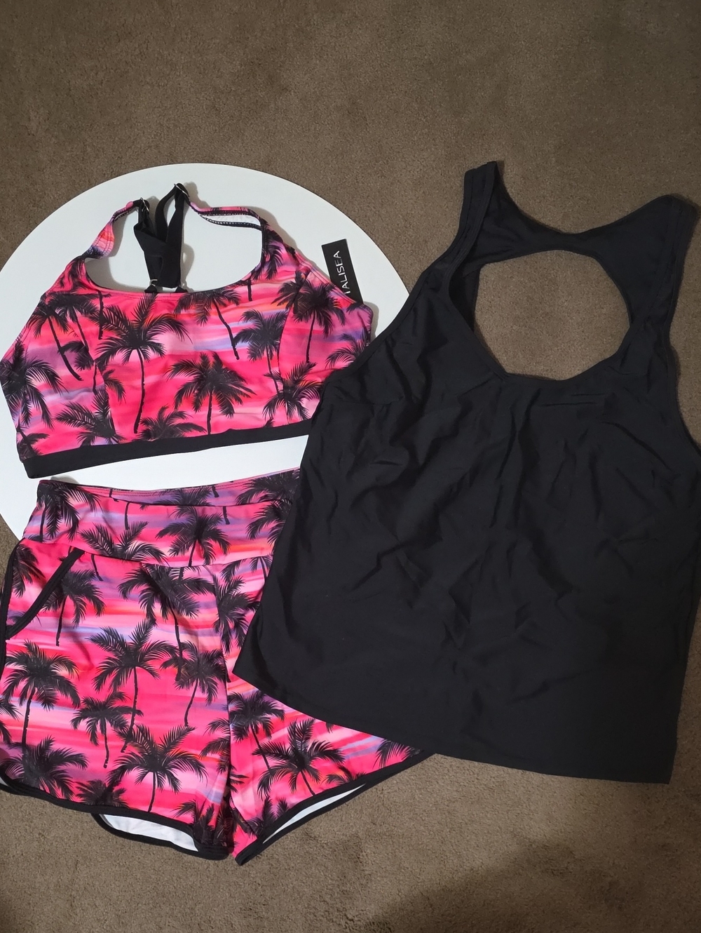 Women’s Pink Palm-Print Swim Top & Shorts Set with Black Tankini